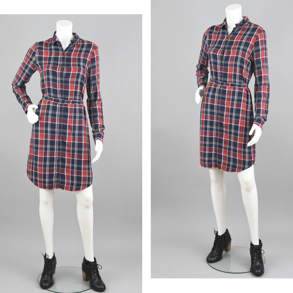 Banana Republic Blue Red Plaid Long Sleeve Shirtdress Size 6